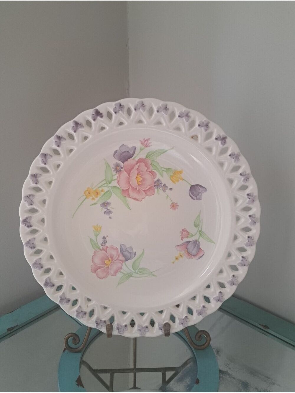 Vintage Mariner Tominaga Japan Floral Backstamp serving plate lattice edge 13"